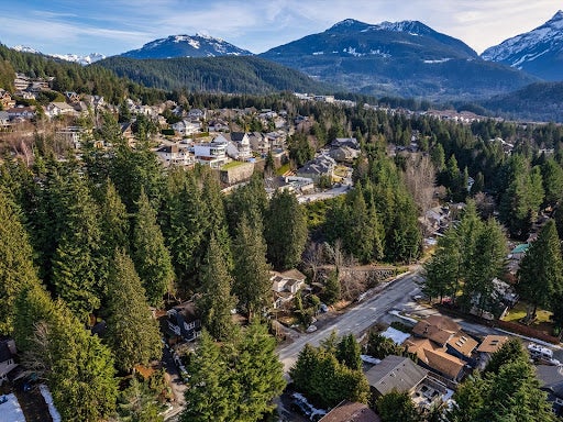 Aerial view of real estate in the mountains in the Garibaldi Highlands, British Columbia